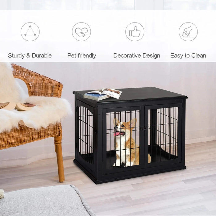 PawHut Dog Crate Furniture, Small Dog Cage End Table with Two Opening Sides, Lockable Door, Puppy Kennel Indoor, Cute and Decorative, Black Default -DTYStore
