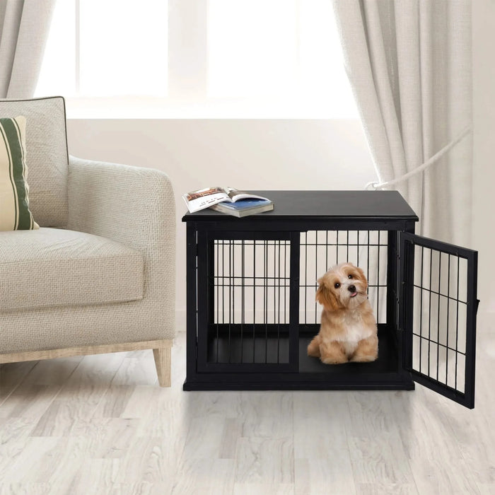 PawHut Dog Crate Furniture, Small Dog Cage End Table with Two Opening Sides, Lockable Door, Puppy Kennel Indoor, Cute and Decorative, Black Default -DTYStore