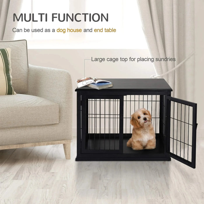 PawHut Dog Crate Furniture, Small Dog Cage End Table with Two Opening Sides, Lockable Door, Puppy Kennel Indoor, Cute and Decorative, Black Default -DTYStore