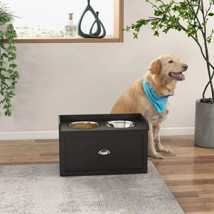 PawHut Dog Feeding Station with Storage Drawer, Dog Food Storage Cabinet with 2 Removable Elevated Dog Bowls for Large Sized Dogs, Black Default -DTYStore