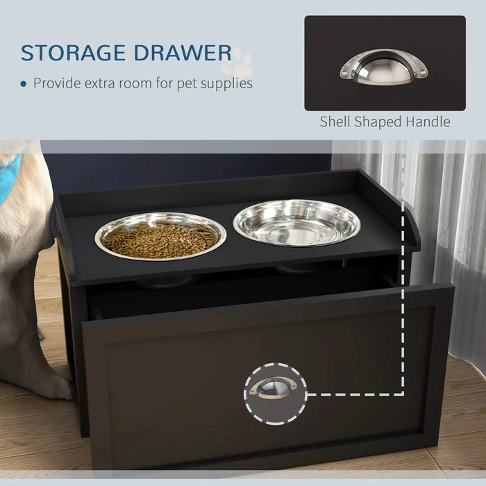 PawHut Dog Feeding Station with Storage Drawer, Dog Food Storage Cabinet with 2 Removable Elevated Dog Bowls for Large Sized Dogs, Black Default -DTYStore