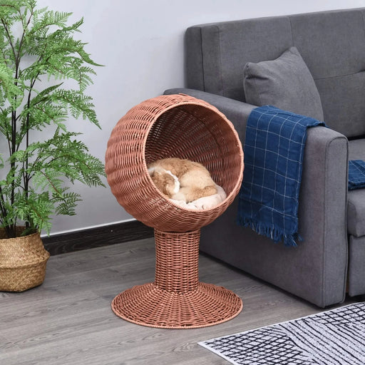 PawHut Elevated Cat Bed with Rotatable Egg Chair Pod, Cat Basket Bed with Thick Cushion, Natural Mat Grass Woven Kitty House, Brown Default -DTYStore