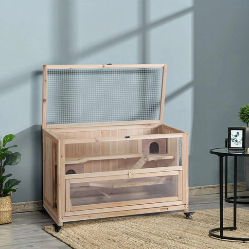 PawHut Extra Large Wooden Hamster Cage and Habitat Playground with 3 Ladders and 2 Huts, Syrian & Dwarf Hamster Small Animal Cage, Wheels, Pull-out Tray, Natural Default -DTYStore