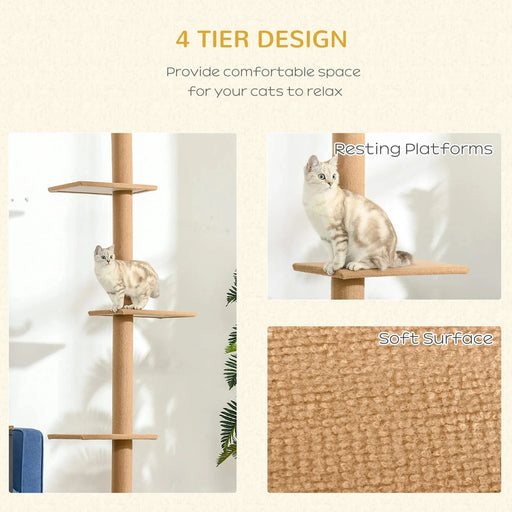 PawHut Floor-to-Ceiling Cat Tree Cat Climbing Tower with Sisal-Covered Scratching Posts Natural Cat Tree Activity Center for Kittens Cat Tower Furniture, Brown Default -DTYStore