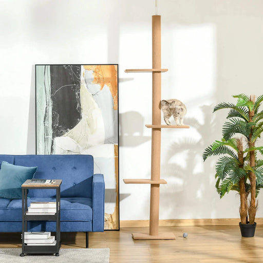 PawHut Floor-to-Ceiling Cat Tree Cat Climbing Tower with Sisal-Covered Scratching Posts Natural Cat Tree Activity Center for Kittens Cat Tower Furniture, Brown Default -DTYStore