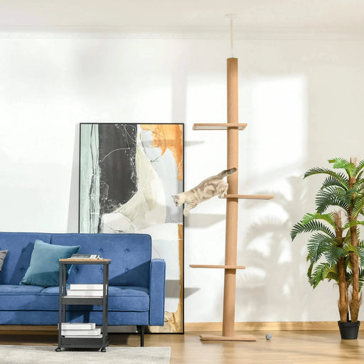 PawHut Floor-to-Ceiling Cat Tree Cat Climbing Tower with Sisal-Covered Scratching Posts Natural Cat Tree Activity Center for Kittens Cat Tower Furniture, Brown Default -DTYStore