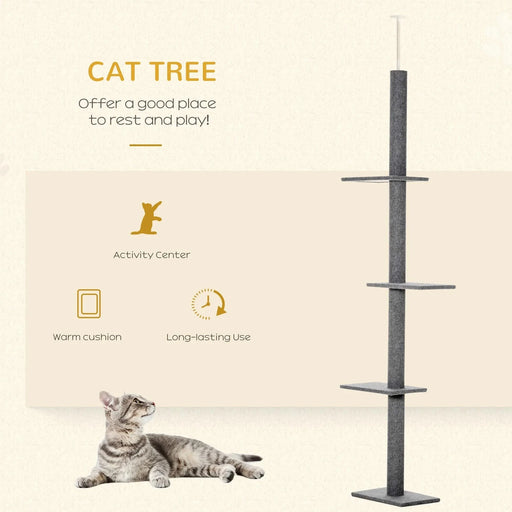 PawHut Floor-to-Ceiling Cat Tree Cat Climbing Tower with Sisal-Covered Scratching Posts Natural Cat Tree Activity Center for kittens Cat tower furniture, Grey Default -DTYStore