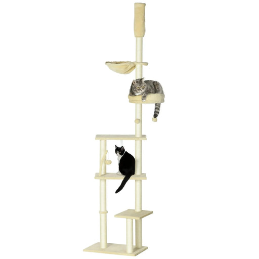 PawHut Floor to Ceiling Cat Tree, 90.5' - 98.5' Adjustable Height, Cat Climbing Tower with Carpeted Platforms, Cozy Bed, Hammock, Scratching Posts, Toy Balls, Activity Center for Kittens, Beige Default -DTYStore