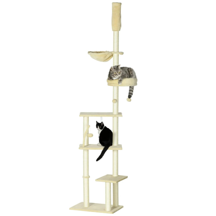 PawHut Floor to Ceiling Cat Tree, 90.5' - 98.5' Adjustable Height, Cat Climbing Tower with Carpeted Platforms, Cozy Bed, Hammock, Scratching Posts, Toy Balls, Activity Center for Kittens, Beige Default -DTYStore