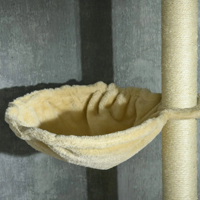 PawHut Floor to Ceiling Cat Tree, 90.5' - 98.5' Adjustable Height, Cat Climbing Tower with Carpeted Platforms, Cozy Bed, Hammock, Scratching Posts, Toy Balls, Activity Center for Kittens, Beige Default -DTYStore