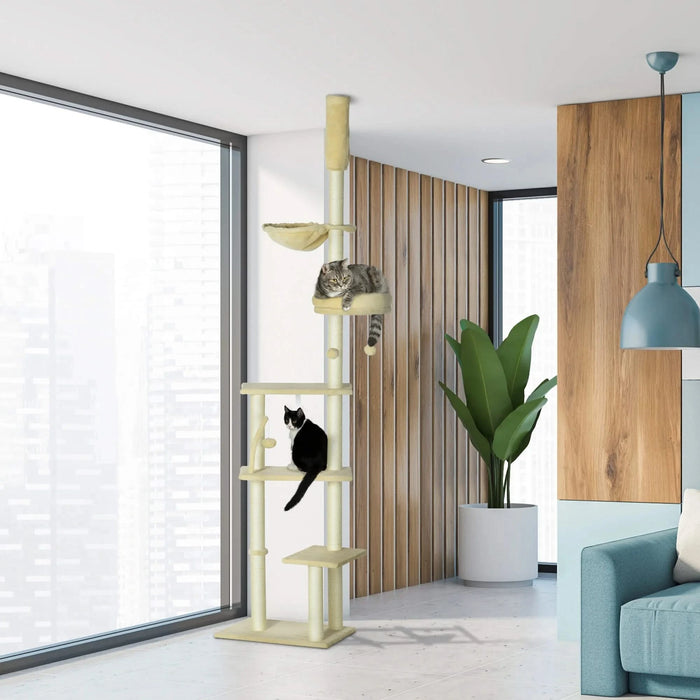 PawHut Floor to Ceiling Cat Tree, 90.5' - 98.5' Adjustable Height, Cat Climbing Tower with Carpeted Platforms, Cozy Bed, Hammock, Scratching Posts, Toy Balls, Activity Center for Kittens, Beige Default -DTYStore