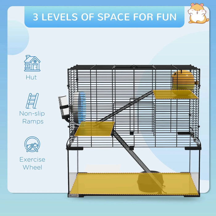 PawHut Hamster Cage, 23.5' Gerbil Cage with Glass Basin, Ramps, Platforms, Hut, Exercise Wheel, for Small Hamsters, Black Default -DTYStore