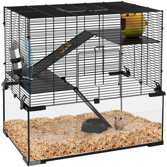 PawHut Hamster Cage, 23.5' Gerbil Cage with Glass Basin, Ramps, Platforms, Hut, Exercise Wheel, for Small Hamsters, Black Default -DTYStore