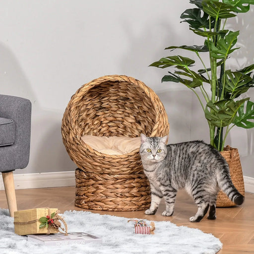 PawHut Handwoven Elevated Cat Bed with Soft Cushion & Cat Egg Chair Shape, Cat Basket Bed Kitty House with Stand, Raised Wicker Cat Bed for Indoor Cats, 23.5' H, Brown Default -DTYStore