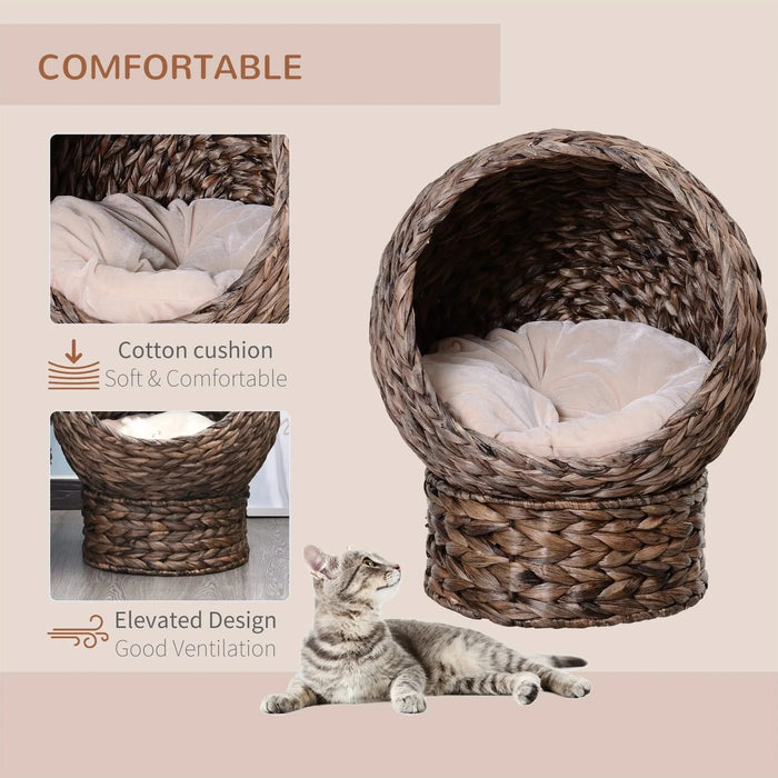 PawHut Handwoven Elevated Cat Bed with Soft Cushion & Cat Egg Chair Shape, Cat Basket Bed Kitty House with Stand, Raised Wicker Cat Bed for Indoor Cats, 23.5' H, Grey Default -DTYStore