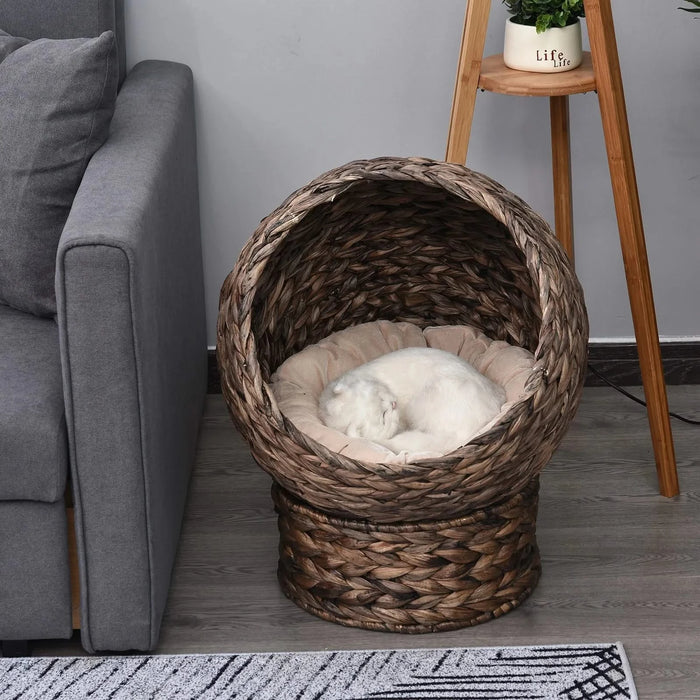 PawHut Handwoven Elevated Cat Bed with Soft Cushion & Cat Egg Chair Shape, Cat Basket Bed Kitty House with Stand, Raised Wicker Cat Bed for Indoor Cats, 23.5' H, Grey Default -DTYStore