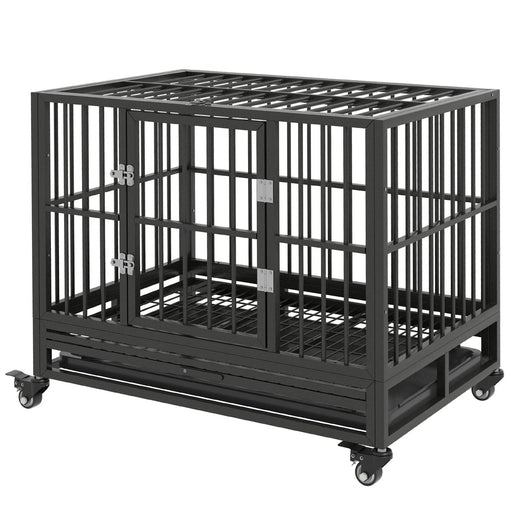 PawHut Heavy Duty Dog Crate Metal Cage Kennel with Wheels, Double Door, Removable Tray, Gray 36' Default -DTYStore