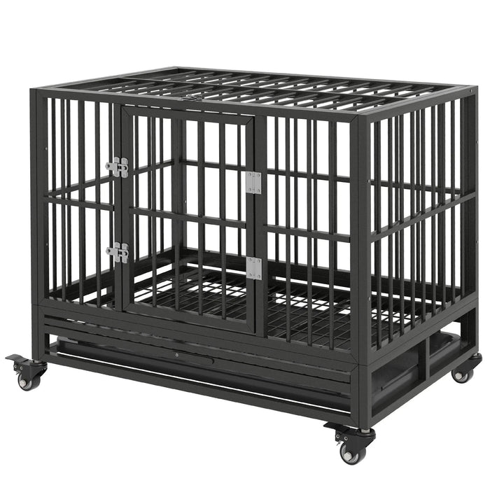 PawHut Heavy Duty Dog Crate Metal Cage Kennel with Wheels, Double Door, Removable Tray, Gray 36' Default -DTYStore