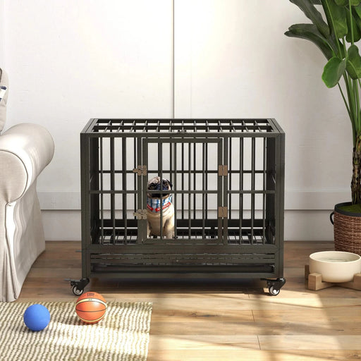 PawHut Heavy Duty Dog Crate Metal Cage Kennel with Wheels, Double Door, Removable Tray, Gray 36' Default -DTYStore