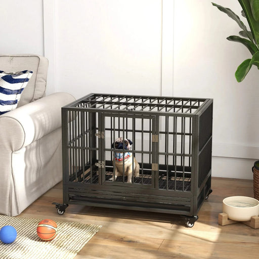 PawHut Heavy Duty Dog Crate Metal Cage Kennel with Wheels, Double Door, Removable Tray, Gray 36' Default -DTYStore