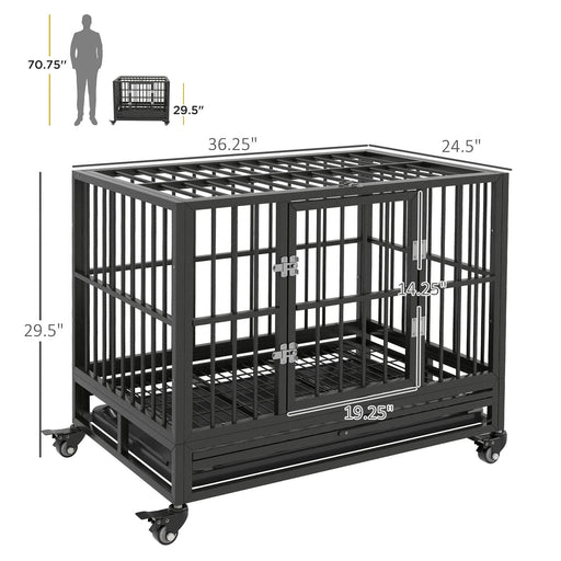 PawHut Heavy Duty Dog Crate Metal Cage Kennel with Wheels, Double Door, Removable Tray, Gray 36' Default -DTYStore