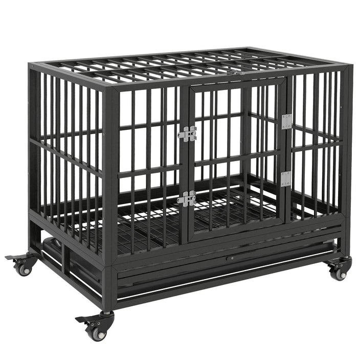 PawHut Heavy Duty Dog Crate Metal Cage Kennel with Wheels, Double Door, Removable Tray, Gray 36' Default -DTYStore