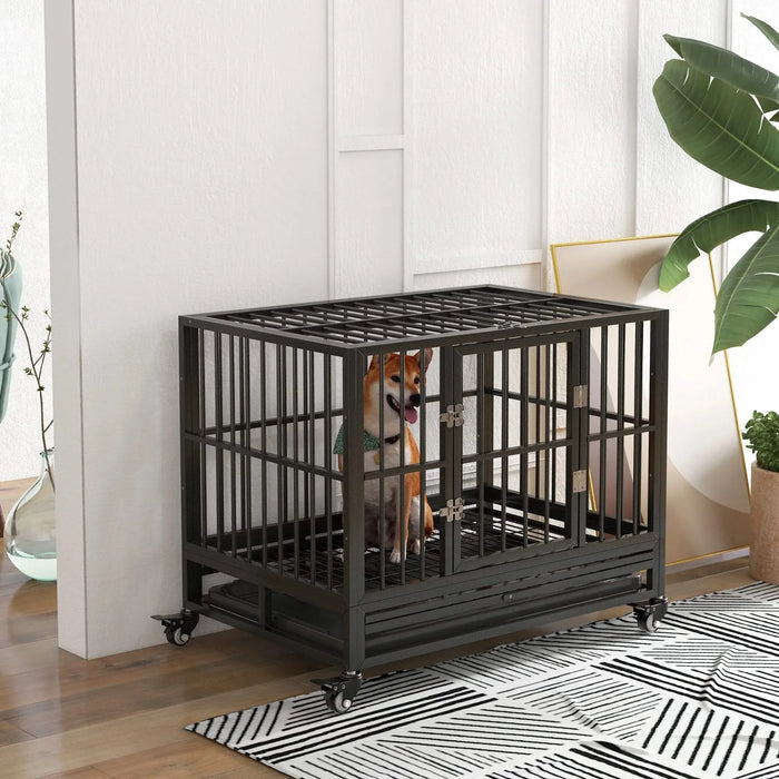 PawHut Heavy Duty Dog Crate Metal Cage Kennel with Wheels, Double Door, Removable Tray, Gray 36' Default -DTYStore