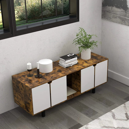 PawHut Hidden Litter Box Enclosure for 2 Cats, Litter Box Furniture TV Stand with 2 Cabinets, Sand Drain Pad, Double Doors, for Indoor Use, 57.9' x 18.9' x 22.8', Rustic Brown Default -DTYStore