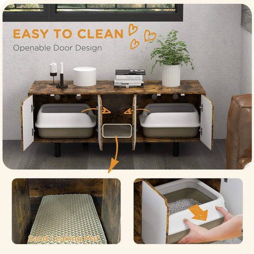 PawHut Hidden Litter Box Enclosure for 2 Cats, Litter Box Furniture TV Stand with 2 Cabinets, Sand Drain Pad, Double Doors, for Indoor Use, 57.9' x 18.9' x 22.8', Rustic Brown Default -DTYStore