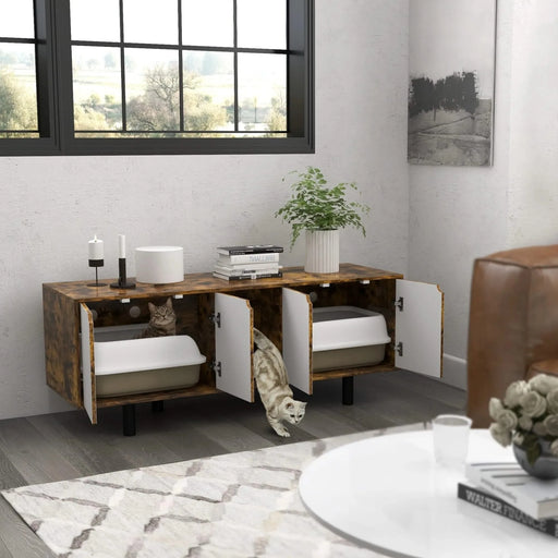 PawHut Hidden Litter Box Enclosure for 2 Cats, Litter Box Furniture TV Stand with 2 Cabinets, Sand Drain Pad, Double Doors, for Indoor Use, 57.9' x 18.9' x 22.8', Rustic Brown Default -DTYStore