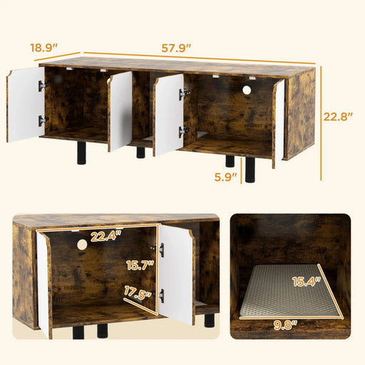 PawHut Hidden Litter Box Enclosure for 2 Cats, Litter Box Furniture TV Stand with 2 Cabinets, Sand Drain Pad, Double Doors, for Indoor Use, 57.9' x 18.9' x 22.8', Rustic Brown Default -DTYStore