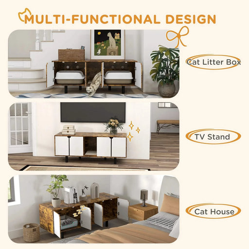 PawHut Hidden Litter Box Enclosure for 2 Cats, Litter Box Furniture TV Stand with 2 Cabinets, Sand Drain Pad, Double Doors, for Indoor Use, 57.9' x 18.9' x 22.8', Rustic Brown Default -DTYStore