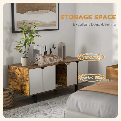 PawHut Hidden Litter Box Enclosure for 2 Cats, Litter Box Furniture TV Stand with 2 Cabinets, Sand Drain Pad, Double Doors, for Indoor Use, 57.9' x 18.9' x 22.8', Rustic Brown Default -DTYStore