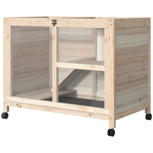 PawHut Indoor Rabbit Hutch with Wheels, Desk and Side Table Sized, Waterproof Wood Rabbit Cage, Natural Default -DTYStore