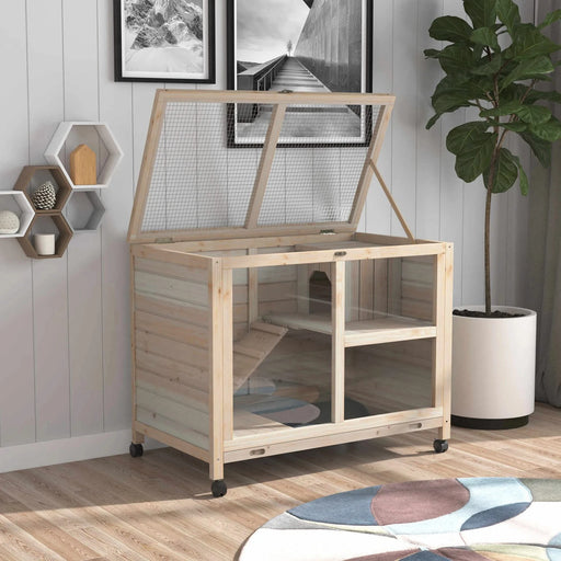 PawHut Indoor Rabbit Hutch with Wheels, Desk and Side Table Sized, Waterproof Wood Rabbit Cage, Natural Default -DTYStore