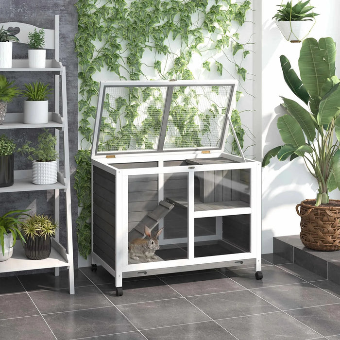 PawHut Indoor Rabbit Hutch with Wheels, Desk and Side Table Sized, Wood Rabbit Cage, Waterproof Small Rabbit Cage, Gray - DTY Store