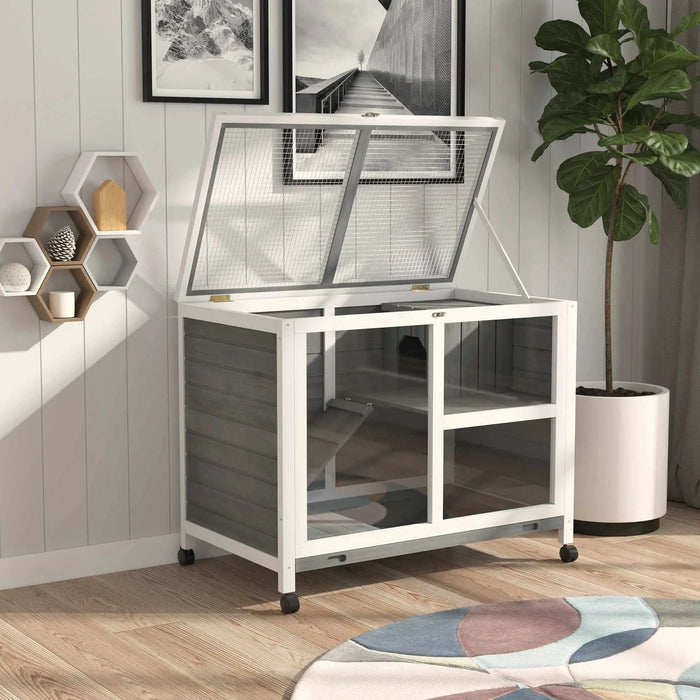 PawHut Indoor Rabbit Hutch with Wheels, Desk and Side Table Sized, Wood Rabbit Cage, Waterproof Small Rabbit Cage, Gray - DTY Store