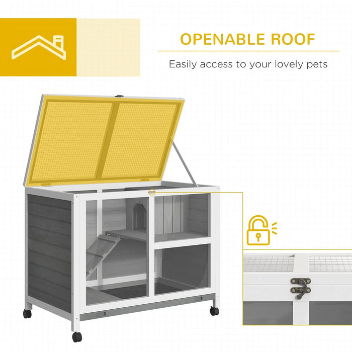 PawHut Indoor Rabbit Hutch with Wheels, Desk and Side Table Sized, Wood Rabbit Cage, Waterproof Small Rabbit Cage, Gray - DTY Store
