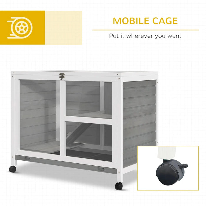 PawHut Indoor Rabbit Hutch with Wheels, Desk and Side Table Sized, Wood Rabbit Cage, Waterproof Small Rabbit Cage, Gray - DTY Store
