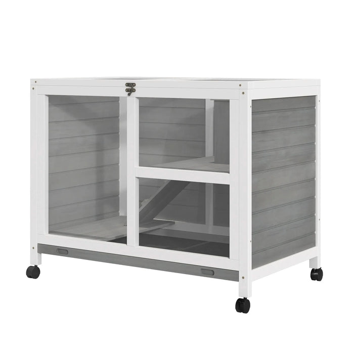 PawHut Indoor Rabbit Hutch with Wheels, Desk and Side Table Sized, Wood Rabbit Cage, Waterproof Small Rabbit Cage, Gray - DTY Store