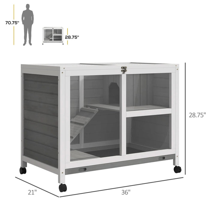PawHut Indoor Rabbit Hutch with Wheels, Desk and Side Table Sized, Wood Rabbit Cage, Waterproof Small Rabbit Cage, Gray - DTY Store