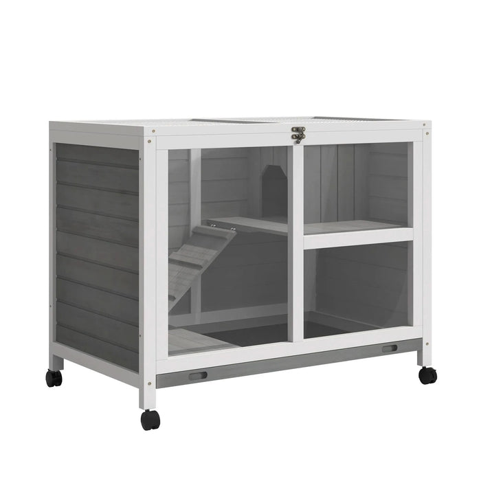 PawHut Indoor Rabbit Hutch with Wheels, Desk and Side Table Sized, Wood Rabbit Cage, Waterproof Small Rabbit Cage, Gray - DTY Store