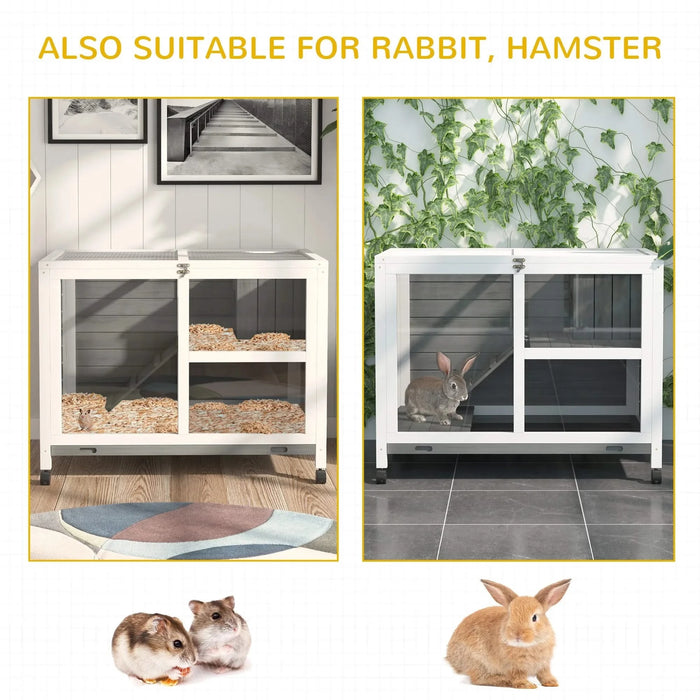 PawHut Indoor Rabbit Hutch with Wheels, Desk and Side Table Sized, Wood Rabbit Cage, Waterproof Small Rabbit Cage, Gray Default -DTYStore