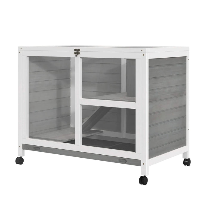 PawHut Indoor Rabbit Hutch with Wheels, Desk and Side Table Sized, Wood Rabbit Cage, Waterproof Small Rabbit Cage, Gray Default -DTYStore