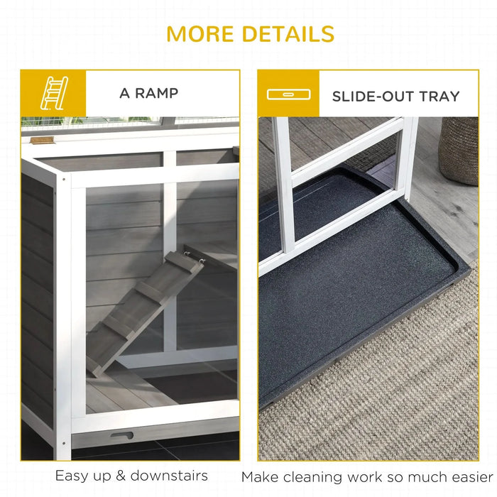 PawHut Indoor Rabbit Hutch with Wheels, Desk and Side Table Sized, Wood Rabbit Cage, Waterproof Small Rabbit Cage, Gray - DTY Store