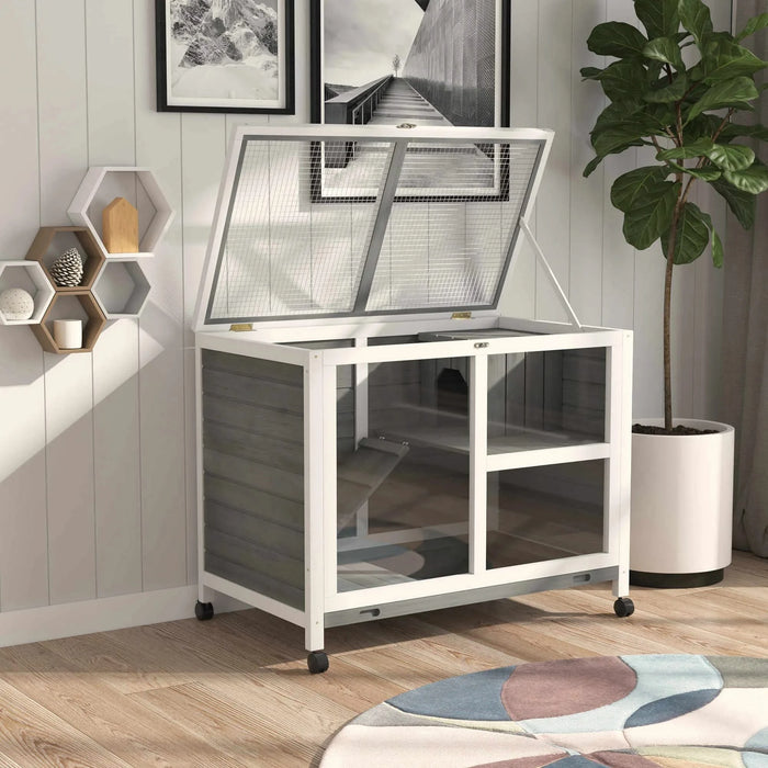 PawHut Indoor Rabbit Hutch with Wheels, Desk and Side Table Sized, Wood Rabbit Cage, Waterproof Small Rabbit Cage, Gray Default -DTYStore