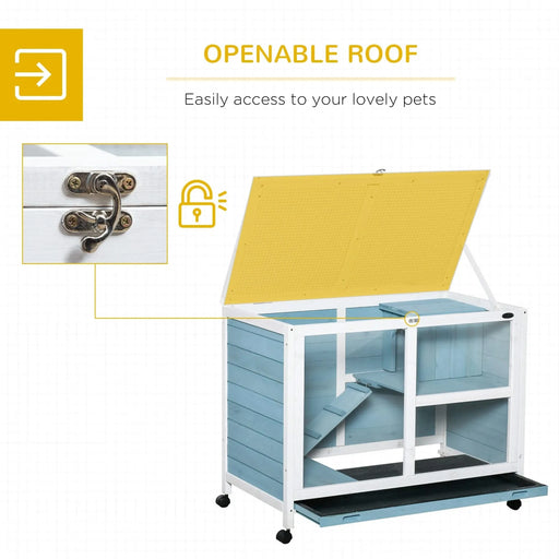 PawHut Indoor Rabbit Hutch with Wheels, Desk and Side Table Sized, Wood Rabbit Cage, Waterproof Small Rabbit Cage, Light Blue Default -DTYStore