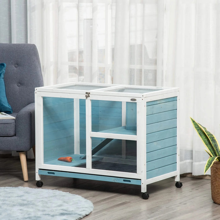 PawHut Indoor Rabbit Hutch with Wheels, Desk and Side Table Sized, Wood Rabbit Cage, Waterproof Small Rabbit Cage, Light Blue Default -DTYStore