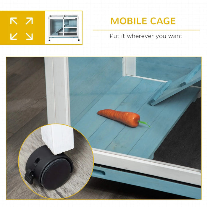 PawHut Indoor Rabbit Hutch with Wheels, Desk and Side Table Sized, Wood Rabbit Cage, Waterproof Small Rabbit Cage, Light Blue Default -DTYStore