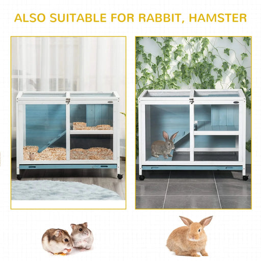 PawHut Indoor Rabbit Hutch with Wheels, Desk and Side Table Sized, Wood Rabbit Cage, Waterproof Small Rabbit Cage, Light Blue Default -DTYStore